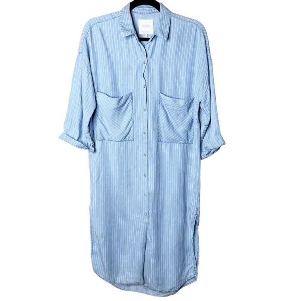 Zara Women's Light Blue Striped Oversized Button Down Shirt Dress Size Small